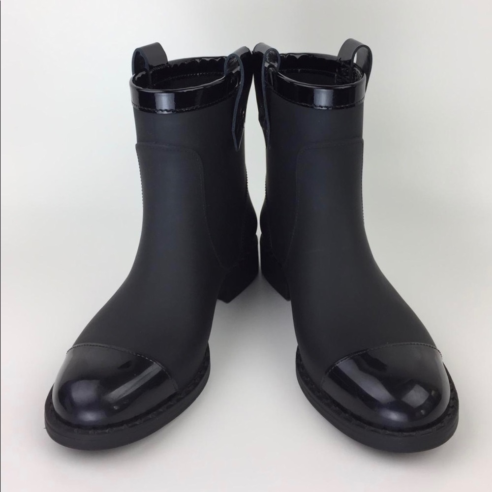Jimmy Choo Black Matte Rubber Ankle Boots with Patent Trim